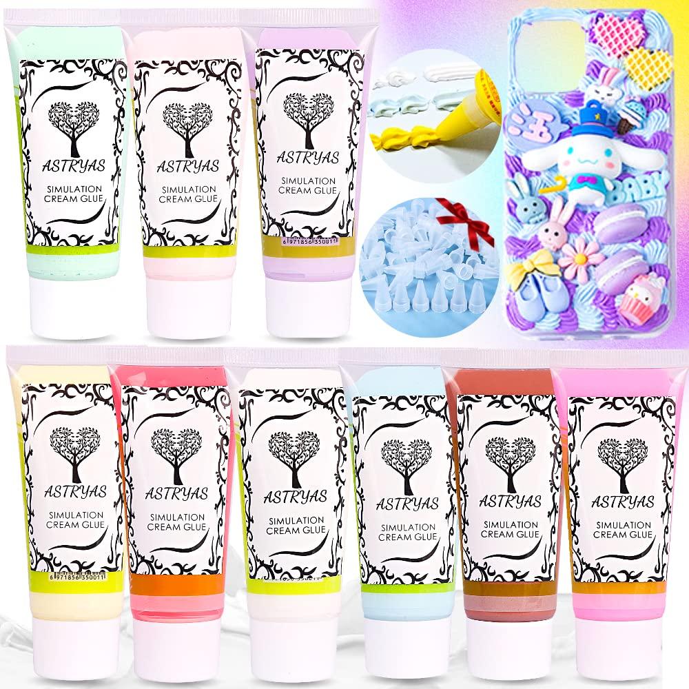 ASTRYAS Simulation Decoden Cream Glue Kit 9PCS 50g Fake Whipped Cream Glue Clay DIY Making Art Craft Kit with Plastic Decorating Mouth for DIY Phone Case Craft Party Birthday Gift (Rainbow Color Set)