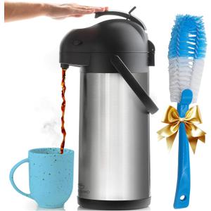 Coffee Carafe Airpot & Cleaning Brush - 101oz / 3L Airpot 12 Hours Hot Water Dispenser or 36 Hours Cold Drink Dispenser with Pump - Easy Dispensing Coffee Carafes for Keeping Hot Extra Large - Cresimo (101.4 Ounces)