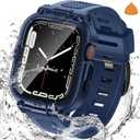 Goton 3 in 1 Waterproof Case with Band for Apple Watch with Built-in Tempered Glass Screen Protector 45mm, 360 Shockproof Bumper Face Cover with Band for Apple Watch Series 9/8/7, 45mm (Blue)