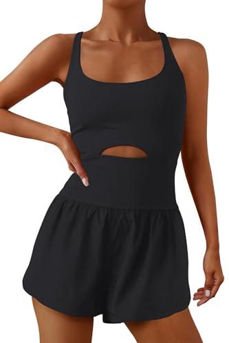 ReachMe Womens Running Onesie Workout Rompers Athletic Romper One Piece Outfits Exercise Jumpsuits Gym Yoga Clothes (Black, Large)