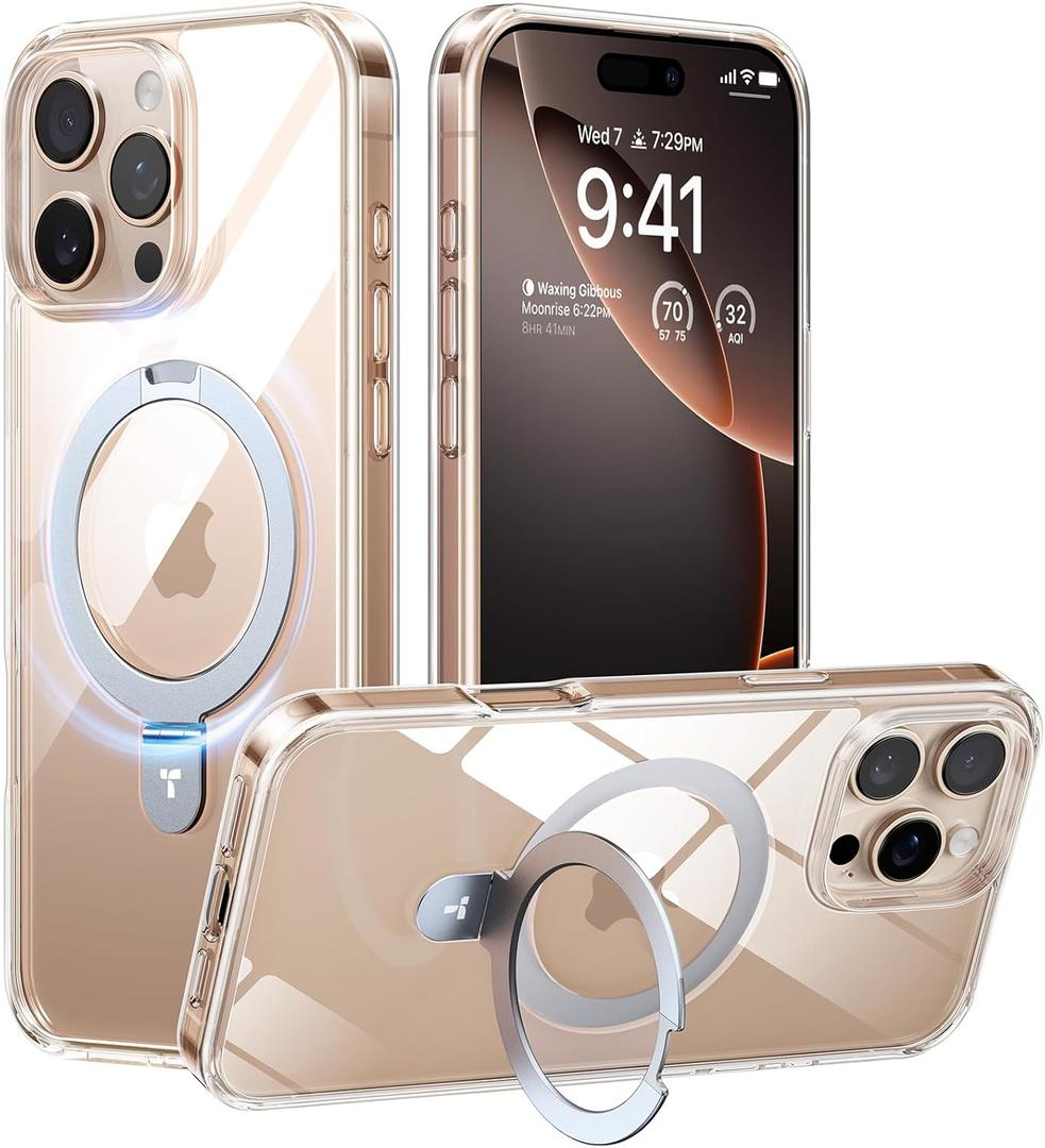 TORRAS Magnetic Clear for iPhone 16 Pro Case with Stand [Compatible with MagSafe] Built-in Kickstand Military Protection Anti-Yellowing Ring Holder Slim Case 6.3" 2024, Crystal Clear Ostand
