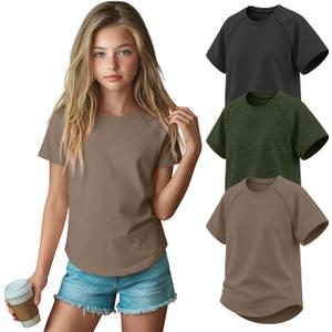 3 Pack Girls' Short Sleeve T-Shirts Loose Fit Crew Neck Tops Raglan Curve Hem Shirts Casual Kids Basic Tees 5-14Y