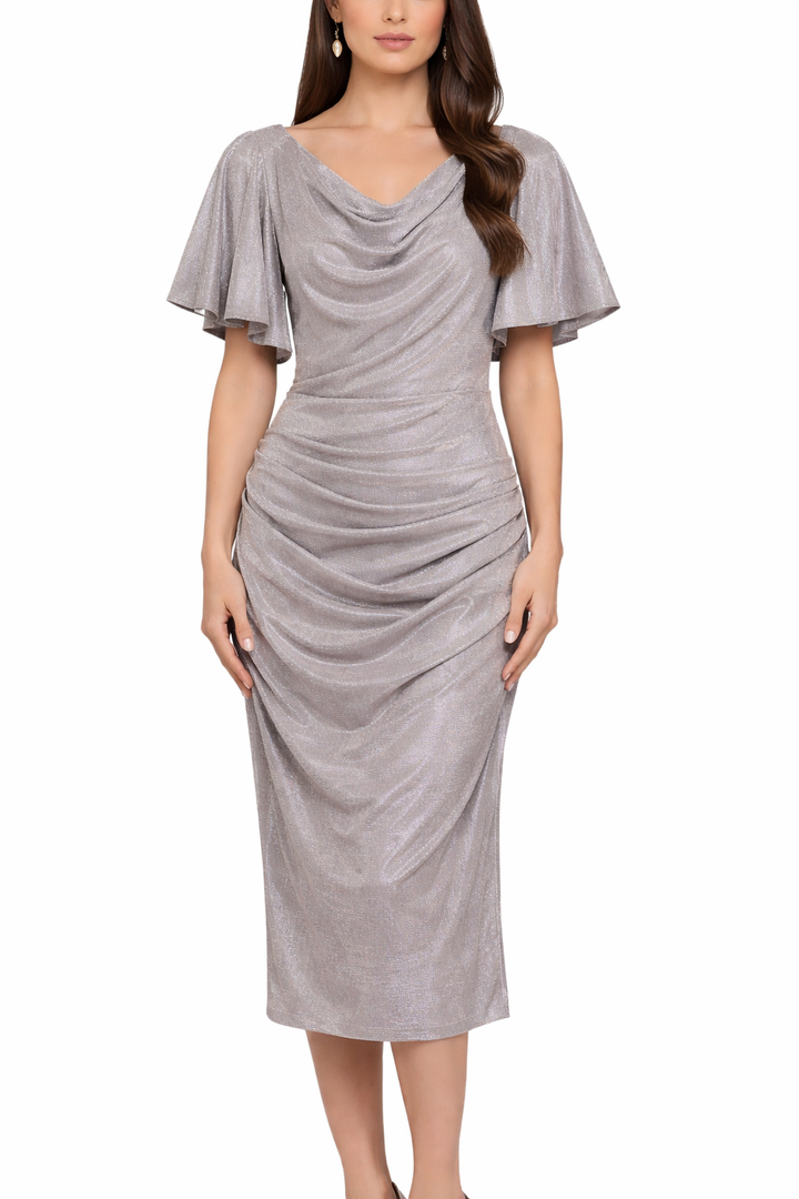 Women's Long Glitter Cape Sleeve Dress with Draped Neckline and Hidden Back Zipper, 10