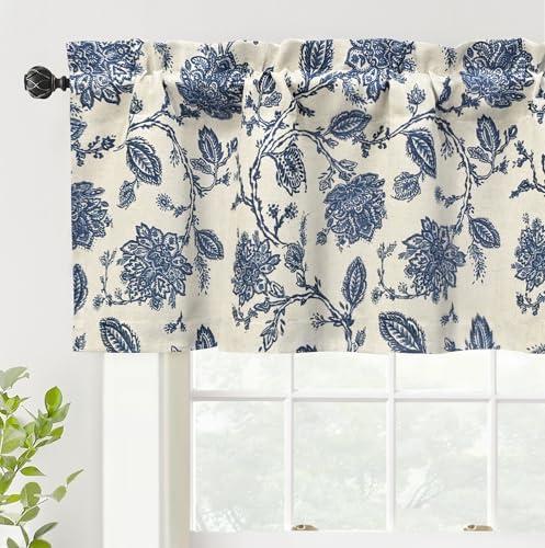 DriftAway Freda Jacobean Floral Linen Blend Blackout Thermal Insulated Energy Saving Privacy Window Linen Curtain Valance Rod Pocket 2 Layers Single 52 Inch by 18 Inch Plus 2 Inch Header Navy Beige