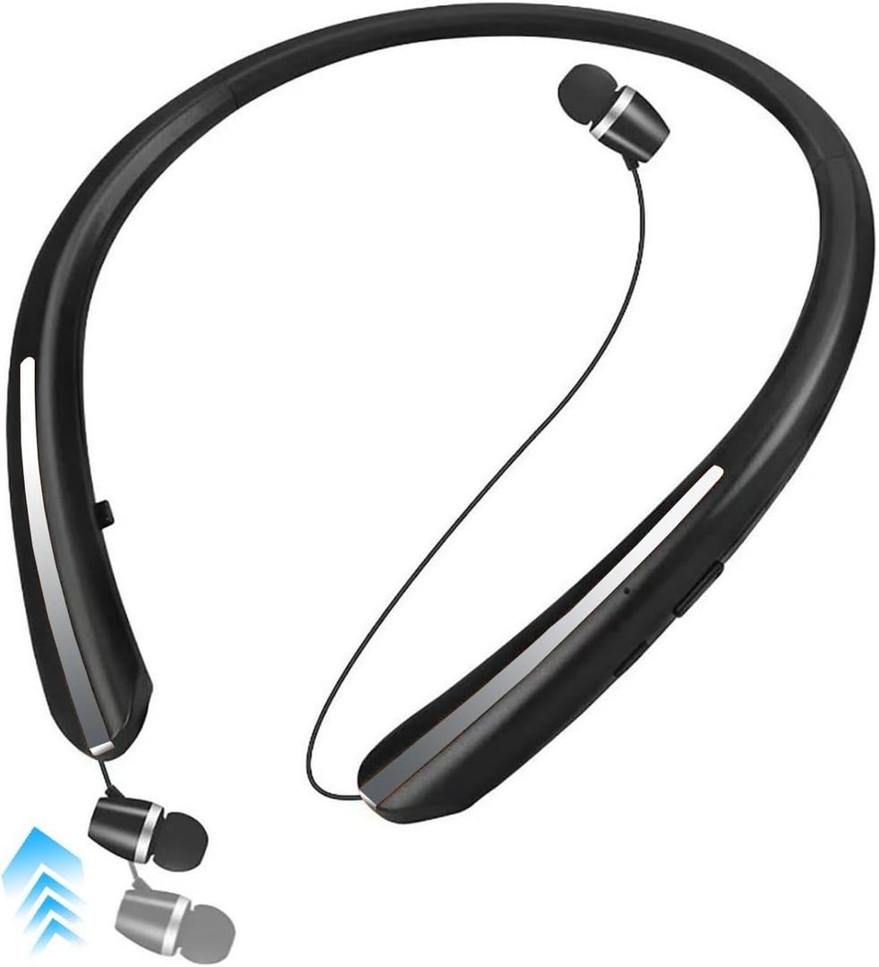Bluetooth Headphones Neckband, Retractable Headset Wireless Sports Earbuds Noise Cancelling Stereo Earphones with Microphone, IPX5 Sweatproof, Compatible with iPhone Android (Black)