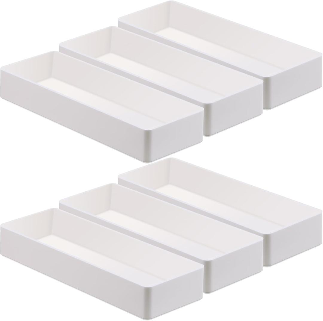 6 Pack Plastic Desk Drawer Organizer Tray 9.5 x 3 x 1.4 Inch White Desk Organizer Desktop Accessory Tray Stackable Trays for Office Makeup Bathroom Kitchen Vanity