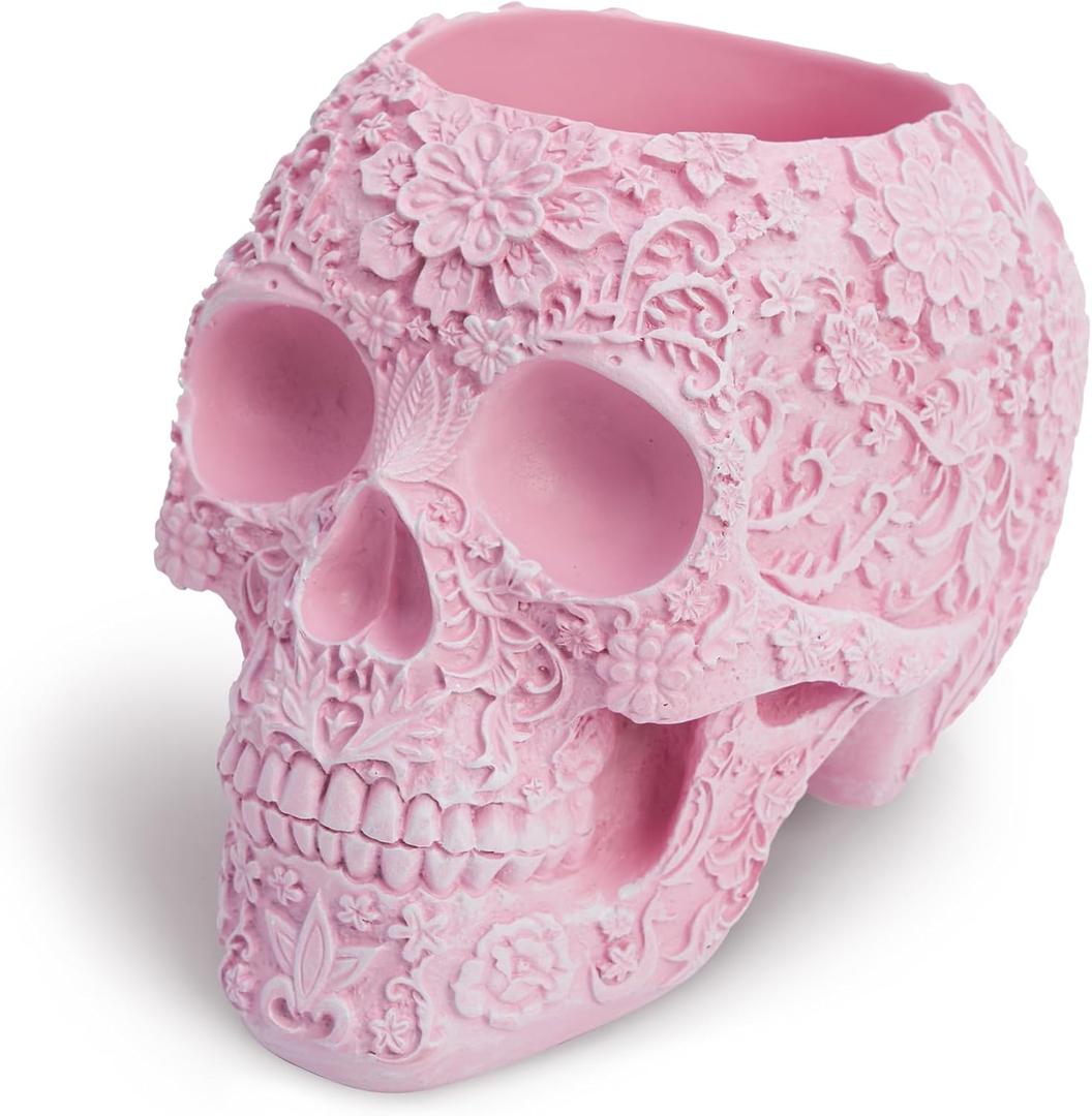 Skull Bowl Decorative Skull Vase Makeup Brush Pen Holder Organizer Dresser Gothic Table Organizer Decoration, Pink Skull Pot Enthusiasts Gifts