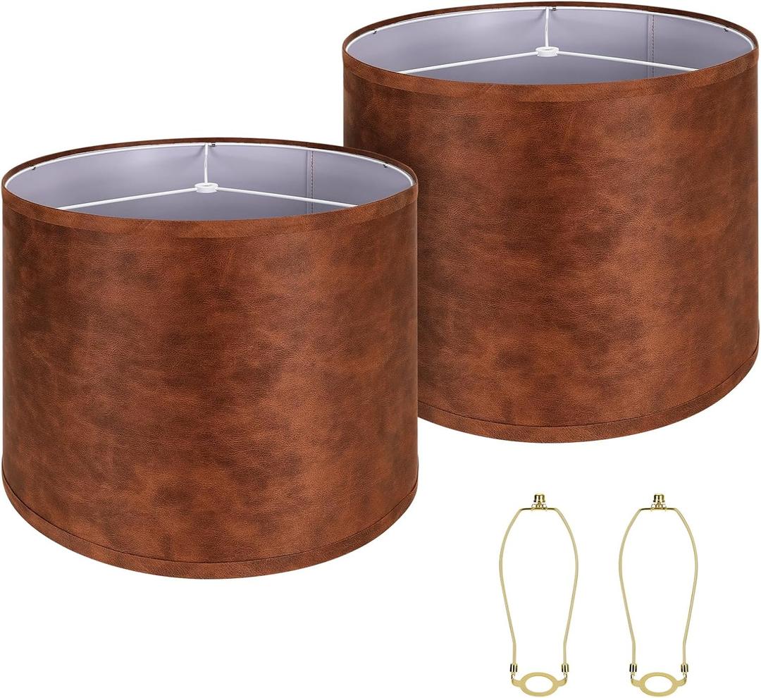 Large Lampshades Set of 2 Drum Lamp Shades 15" Top X 15" Bottom X 12" High, Large Lamp Shade Spider Fitter Cowhide Lampshades with 10" Height Come with Gold LampShade Holder 2 Easy Assembly Required