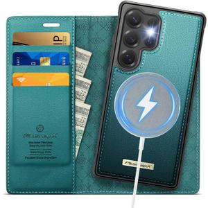 Wallet Case for Samsung Galaxy S25 Ultra Compatible with Magsafe, 2-in-1 PU Leather Flip RFID Blocking Card Holder Stand Shockproof Magnetic Detachable Cover for Galaxy S25 Ultra, Bluegreen