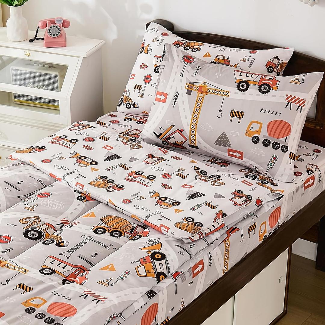 DJY Zipper Bedding Set Twin, Cars Bedding Sets for Boys, Kids Construction Comforter Set with Fitted Sheet Pillowcases, All in One Zipper Bed Set for All Seasons (Light Grey)