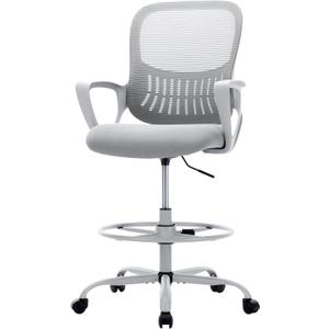 Sweetcrispy Home Office Drafting Chair - Ergonomic High Stool Computer with Adjustable Height and Comfy Lumbar Support, Tall Rolling Task for Standing Desk with Fixed Arm and Footrest, Grey