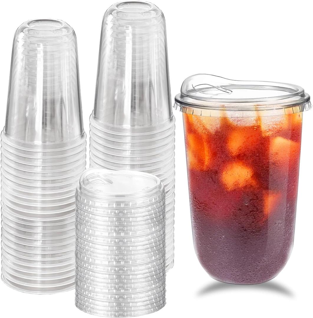 Alaeseje 50 Pack Clear Plastic Cups with Strawless Sip Lids,20 oz Iced Coffee Cups with Lids,Disposable PET Crystal Cups,Round Bottom To Go Cup for Iced Coffee Juice Smoothie Cold Beverage