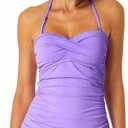 Anne Cole Womens Solid Twist Front Shirred Bandeau Tankini Swim Top (Small, Amethyst)