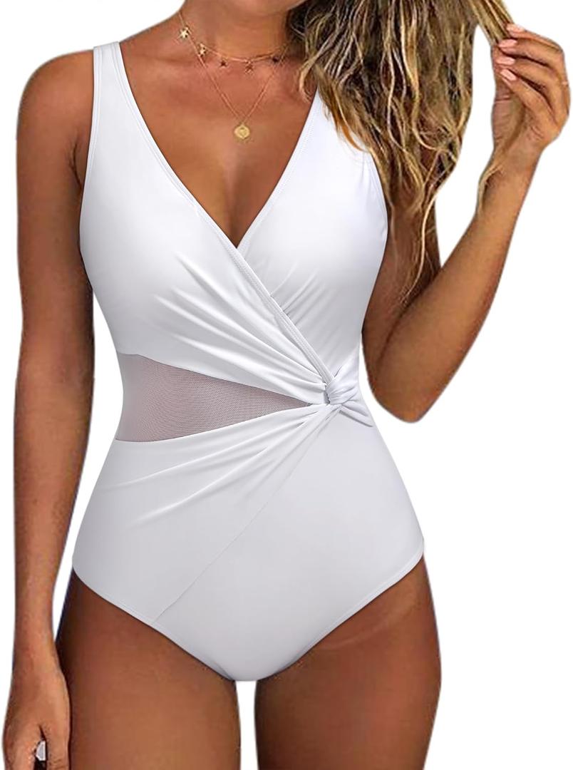 SUUKSESS Women Sexy Mesh Tummy Control One Piece Swimsuit Push Up Bathing Suit (White, XL)