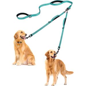 PetBonus Double Dog Leash, No Tangle Dual Leash, Reflective Walking Training Lead, 4 Comfortable Padded Handles for 2 Dogs with Collapsible Bowl and Waste Bags (Turquoise, Large)