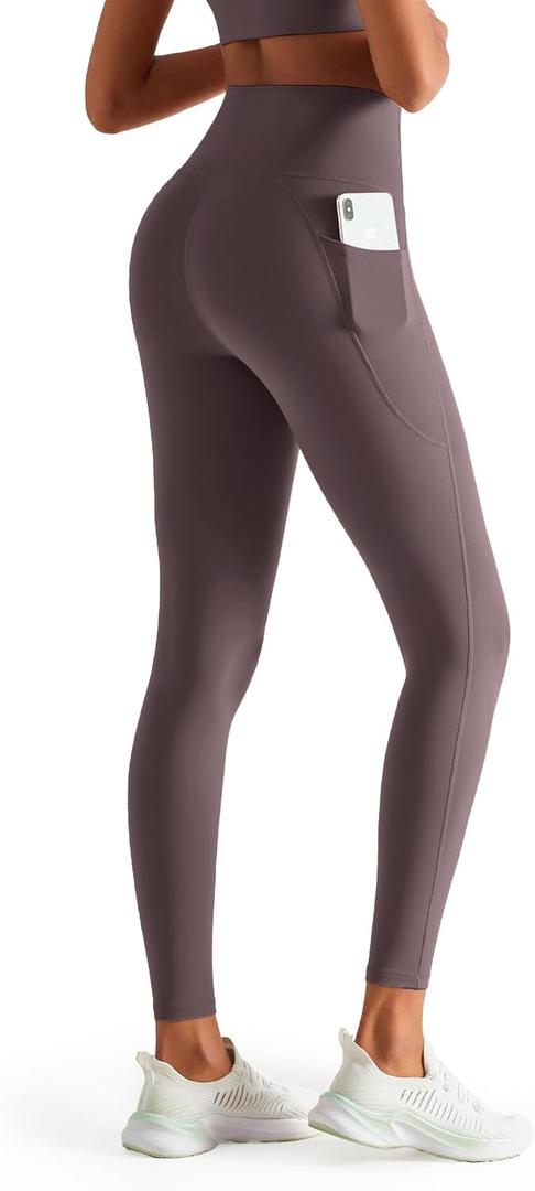 Leggings with Pockets for Women, 25" Inseam High Waist Tummy Control & Squat Proof Yoga Pants for Workout, Everyday Wear (Brown, XXL)