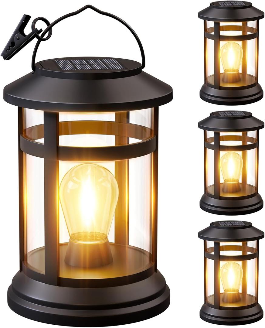 Solar Lanterns Outdoor Waterproof: 4 Pack Hanging Solar Lights for Outside Patio Porch Garden Tabletop Decor - Bright LED Warm White Solar Powered Lighting - Unique Gardening Lovers Mom Gifts