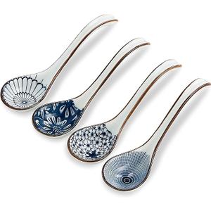 Ceramic Asian Soup Spoon set of 4, Japanese Ramen Spoon with Long Handle Easy to Hold, Suitable for Cereal, Noodle, Chinese Wonton, Pho, Soup Dumpling, Miso, Dishwasher Safe