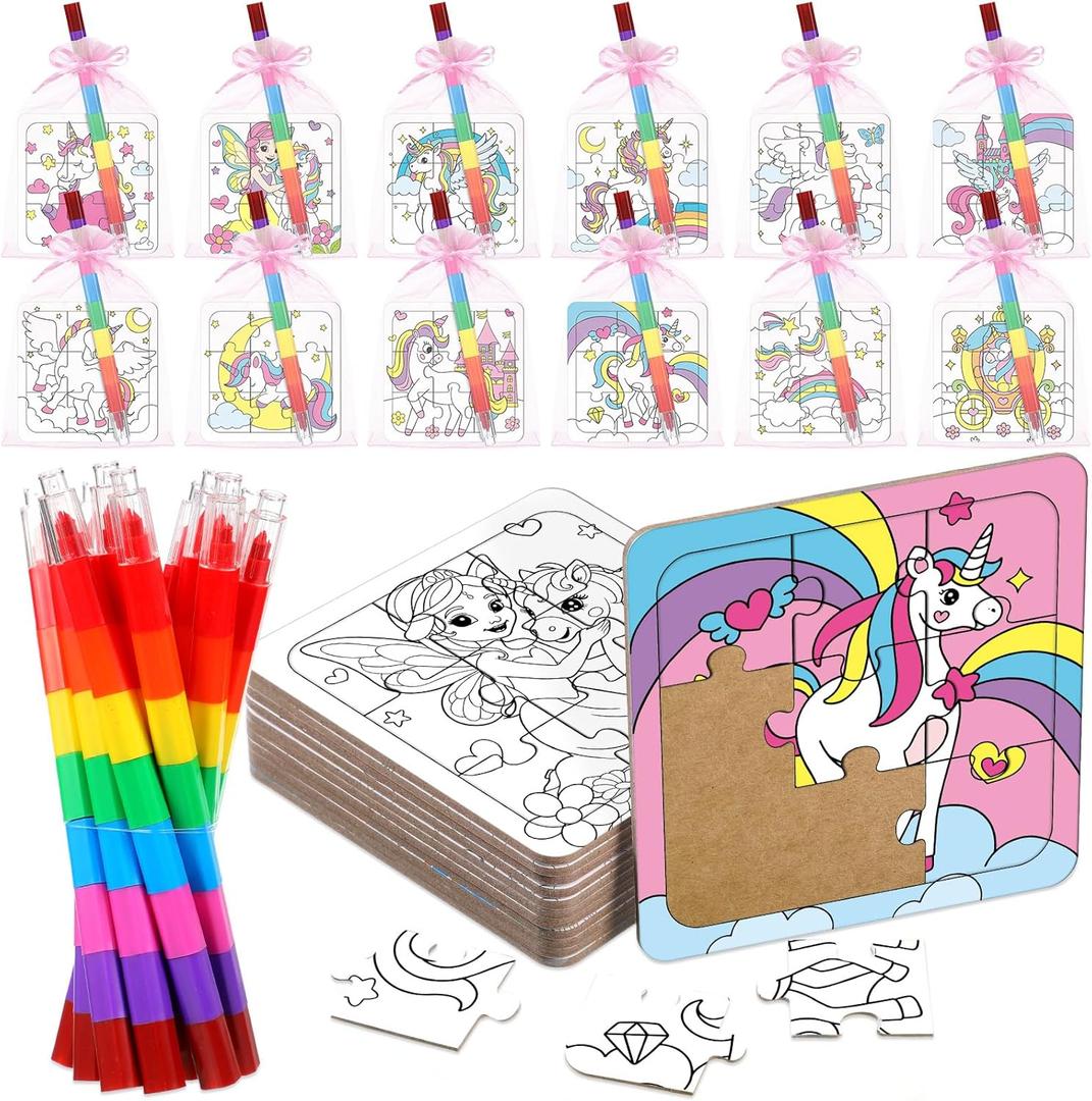 12 Sets Unicorn Puzzles Rainbow Color Your Own Puzzles DIY Jigsaw Crafts with 12 Stackable Crayons and 12 Bags for Pastel Macarons Theme Gifts Birthday Party Supplies(12, Unicorn)