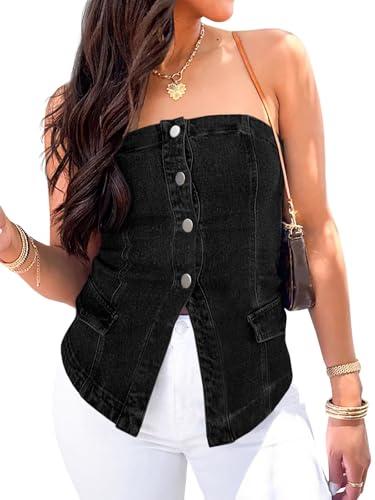 Cicy Bell Womens Strapless Denim Vest Summer Button Down Jean Tube Tops Y2k Going Out Fitted Bandeau Shirts Waistcoat, XL