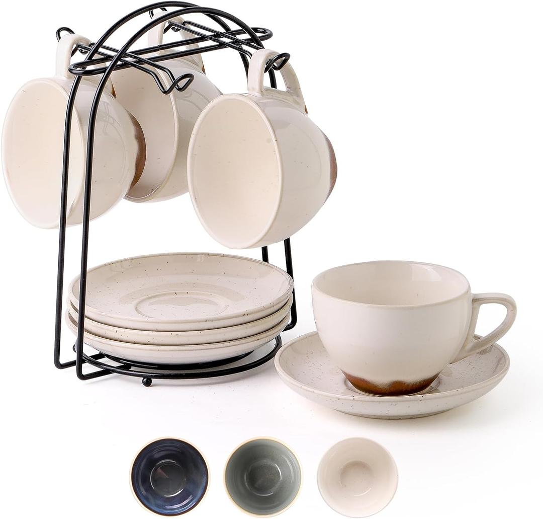 SIDUCAL Ceramic 8oz Cappuccino Cup Set of 4 Porcelain Coffee Cups with Saucers and Holder,Microwave/Dishwasher Safe,Espresso Demitasse Cups(White) (8 Fl Oz, White)