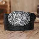 Western PU Leather Cowboy Cowgirl Belt for Men & Women - Vintage Flower Buckle Embossed Leather Belts for Jeans Pants