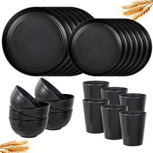 LIYH 24 Pcs Black Wheat Straw Dinnerware Sets, Unbreakable Plates and Bowls Set Plastic Dinnerware Set Include Wheat Straw Plates, Bowls, Cups, Dishes for Kitchen& Camping, 24Pcs(6 Guests)