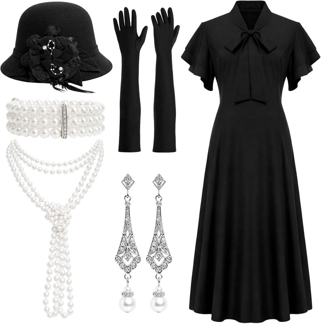 1920s Dresses for Women Vintage Flapper Dress 20s Costumes with Accessories Set Ruffle Cocktail Party Style Dress (M, Vintage, Black)