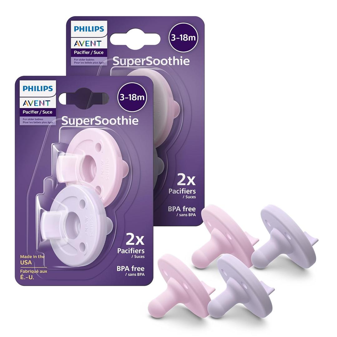 Philips Avent Soothie 3-18 Months Orthodontic Baby Pacifiers, 100% Silicone Pacifiers, One Piece, BPA-Free, 2 Lilac and 2 Pink, 4 Pack, Model SCF192/70 (Lilac/Pastel Pink)