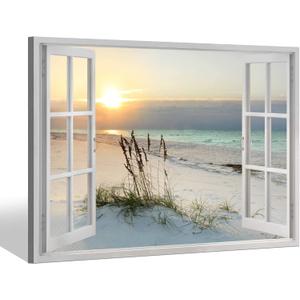 Beach Window Art Wall Decor: 30x45 Inch Ocean Artwork Coastal Picture Seascape Painting Print for Living Room (45L" x 30W")