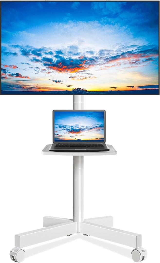 Rfiver Mobile TV Stand for 23-65 Inch LCD LED Flat/Curved Panel Screen TVs up to 88 lbs, Rolling TV Stand with Adjustable Shelf & Tilt, Portable Floor Stand on Wheels for Bedroom, Living Room, White