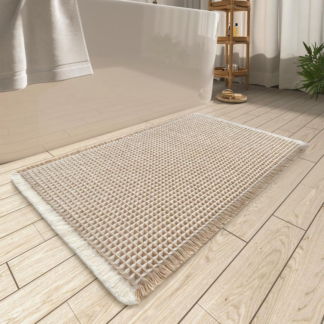 AMOAMI Upgraded Waffle Bath Mat, Super Absorbent Non Slip Bath Mats for Bathroom Floor, Machine Washable Bathroom Rugs with Tassels, Rubber Backed Bathroom Mats, Ultra Soft, 24" x 36",Brown & Cream