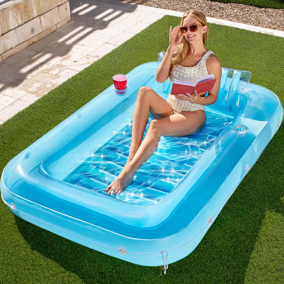 SLOOSH Inflatable Tanning Pool Lounger Float, 70" x 46" Pool Floats Adult with Pillow, 4 in 1 Suntan Tub Raft Floatie,Sunbathing Bed Lounge for Water Blow Up Kids Ball Pit Party Gifts, L-Blue