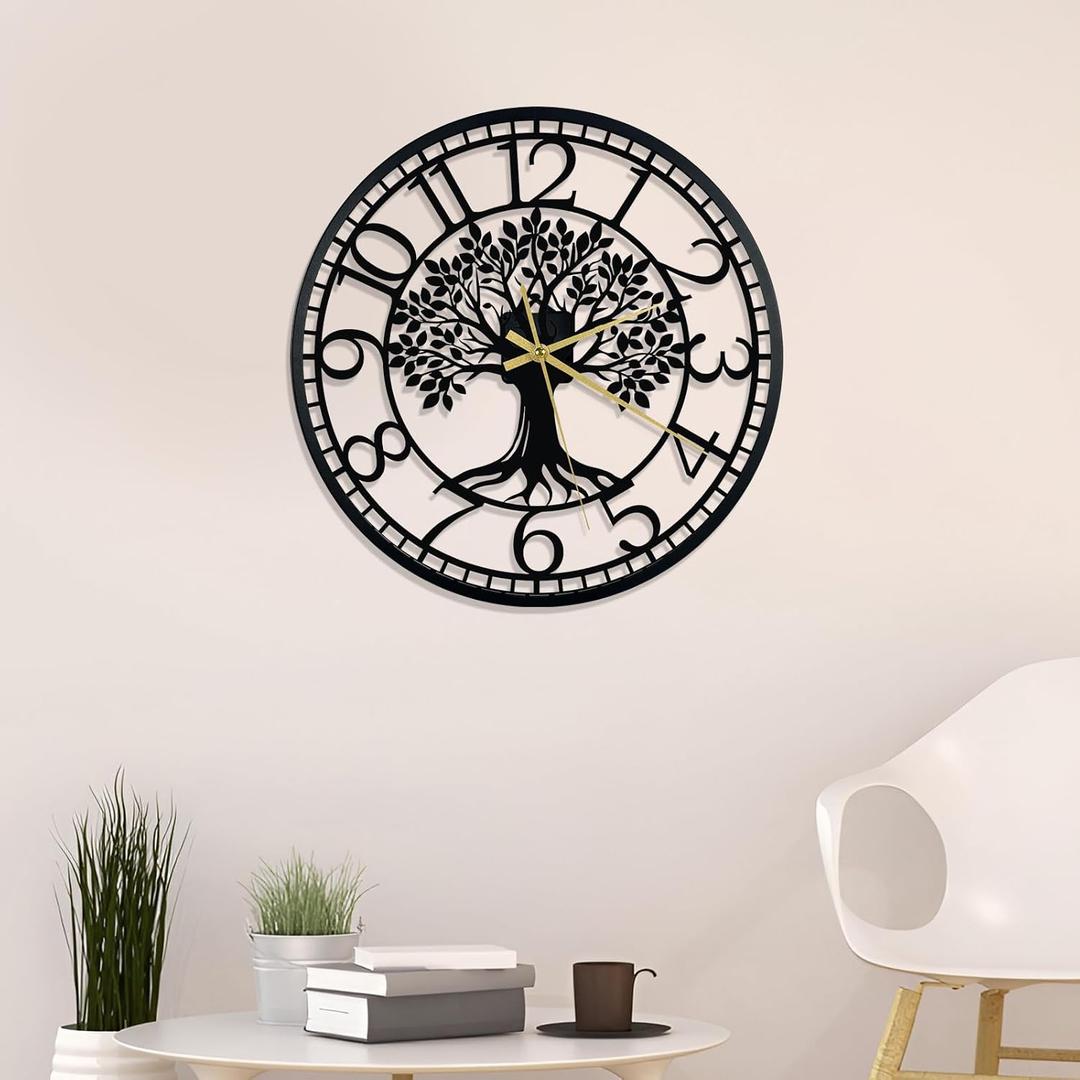 Big Wall Clock - Wall Clocks for Living Room Decor, Quiet and No Ticking Suitable for Wall Decor, Living Room Decoration, Kitchen Decoration (16in, Black Tree of Life Straight Border)