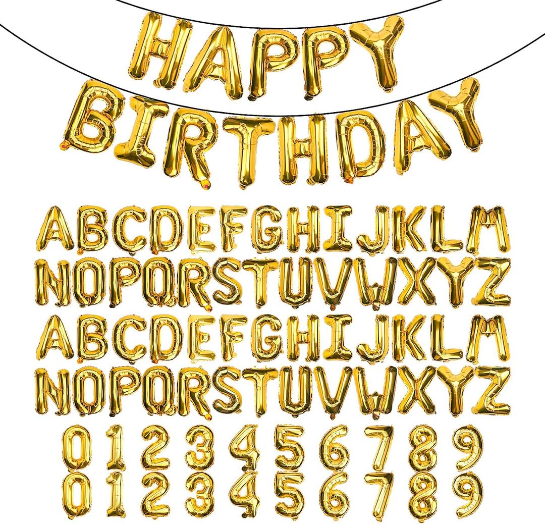 [85 PCS] 16" Gold Letter Number Balloons, Happy Birthday & 2 Sets of A-Z 0-9, Foil Mylar Aluminum Hanging Alphabet for Graduation New Year eve Birthday Party Decorations