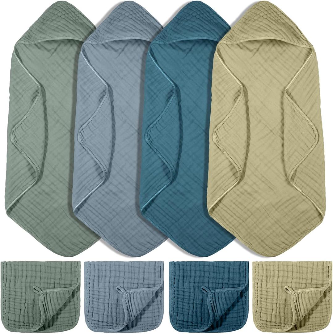VitalCozy 8 Pcs Baby Muslin Hooded Bath Towels and Washcloths, 32 x 32 Inch Cotton Absorbent Blankets for Newborn Infant Shower Gift (Dark Green, Dark Blue)