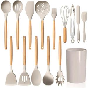 LIANYU 15-Piece Kitchen Cooking Utensils Set with Holder, Silicone Cooking Utensils Include Spatula Tong Slotted Spoon Turner Whisk Brush, Wooden Handle Kitchen Tools for Nonstick Cookware, Khaki