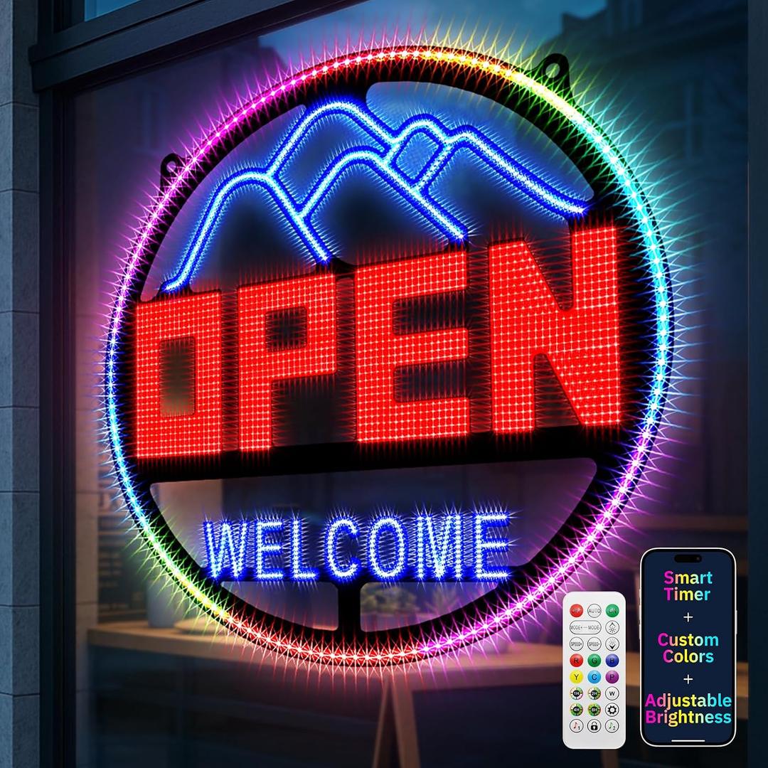LED Open Signs for Business, 16''x16'' Ultra Bright Open Light Up Signs with Timer via App or Remote, DIY Editor Colours Sign High Visibility Day & Night Window Sign for Shop, Bar, Restaurant-Red Bright