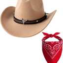 Jastore Kids Western Hats Boys Girls Cowboy Leather Buckle Felt Cowgirl Hat with Cowboy Red Bandanas (1-3T, Camel)