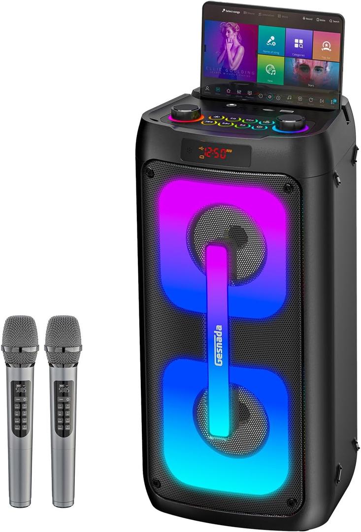 Karaoke Machine with 2 Wireless Microphones, Portable PA System with LED Lights, Bluetoot 5.3, Party Speaker Supports Type-C, USB, AUX, TF, TWS for Home Outdoor and Gift