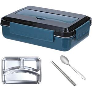 Home Microwave Oven Stainless Steel Large Capacity Sealed Compartment Portable Lunch Box - Three Compartments [Dark Blue]