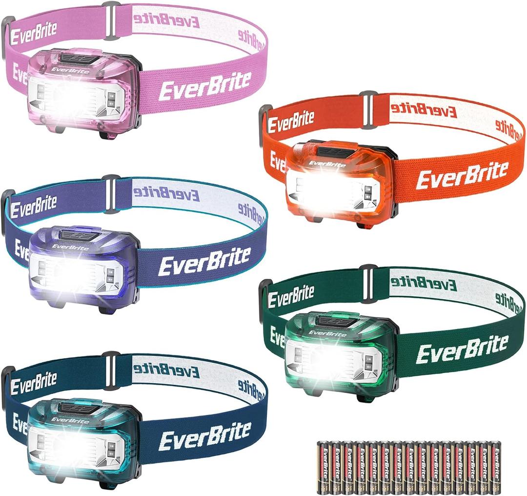 EverBrite Headlamp, 5 Pack Kids Headlamp with Red Light and Memory Function, Head Lamp for Adults and Kids with 5 Modes, Bright Headlamps for Camping, Running, Batteries Included (Multicolor)