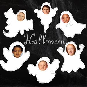 Ctosree 48 Pcs Halloween Ghost Bulletin Board Photo Cutout Cute Ghost Shape Paper Cutouts Halloween Bulletin Board Ornament with 100 Pcs Glue Points for DIY Craft Photo Classroom Door Party Office