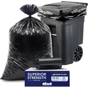 Plasticplace 6465 Gallon Black Bags, Heavy Duty Toter Can Liners, Tear & Leak Proof, Industrial Strength, 25 Count, Large Garbage Bags for Kitchen & Commercial Use 1.2 Mil, 50" x 60"