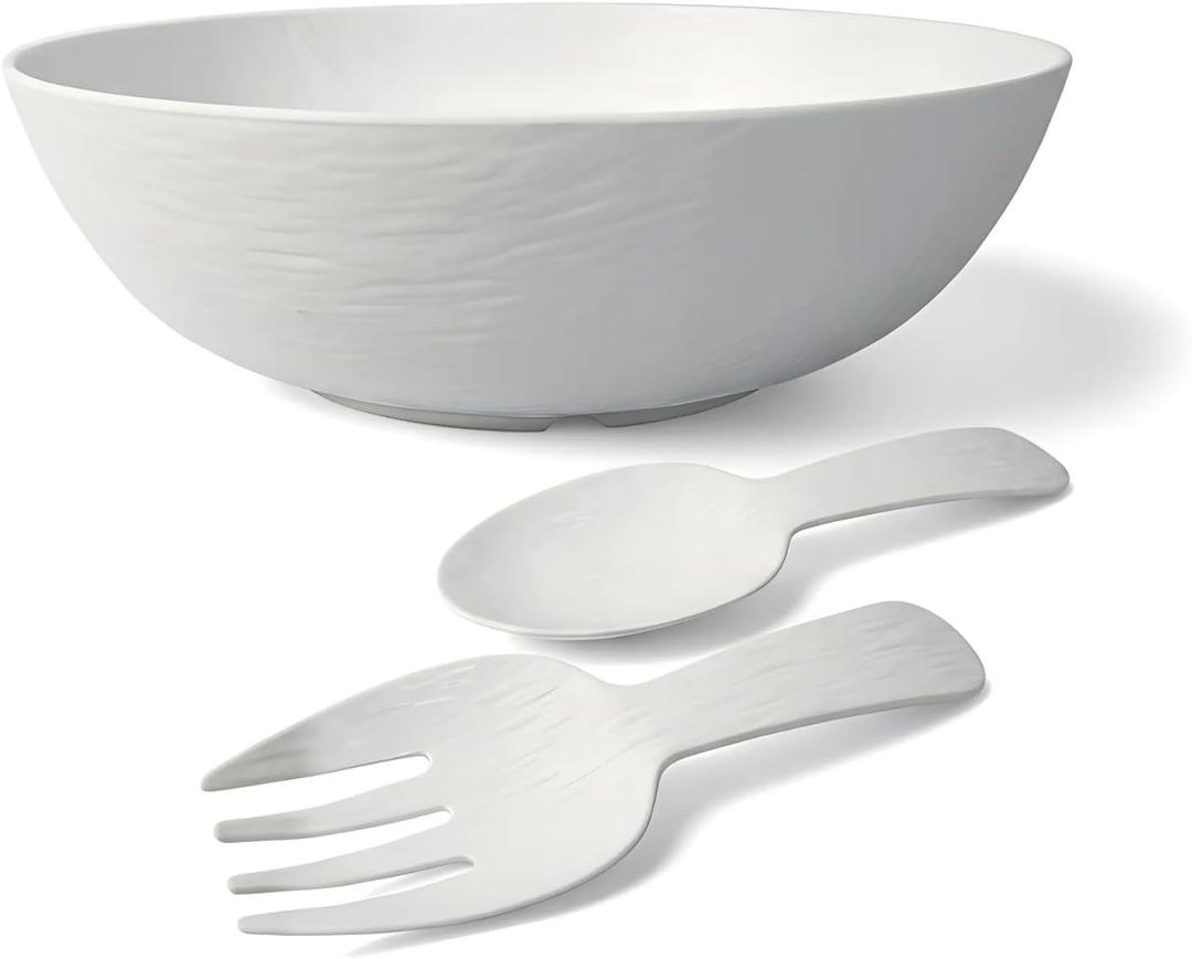 TP Melamine Salad Bowl with Utensils, 12-Inch Large Serving Bowl for Fruits Snacks Pasta, White