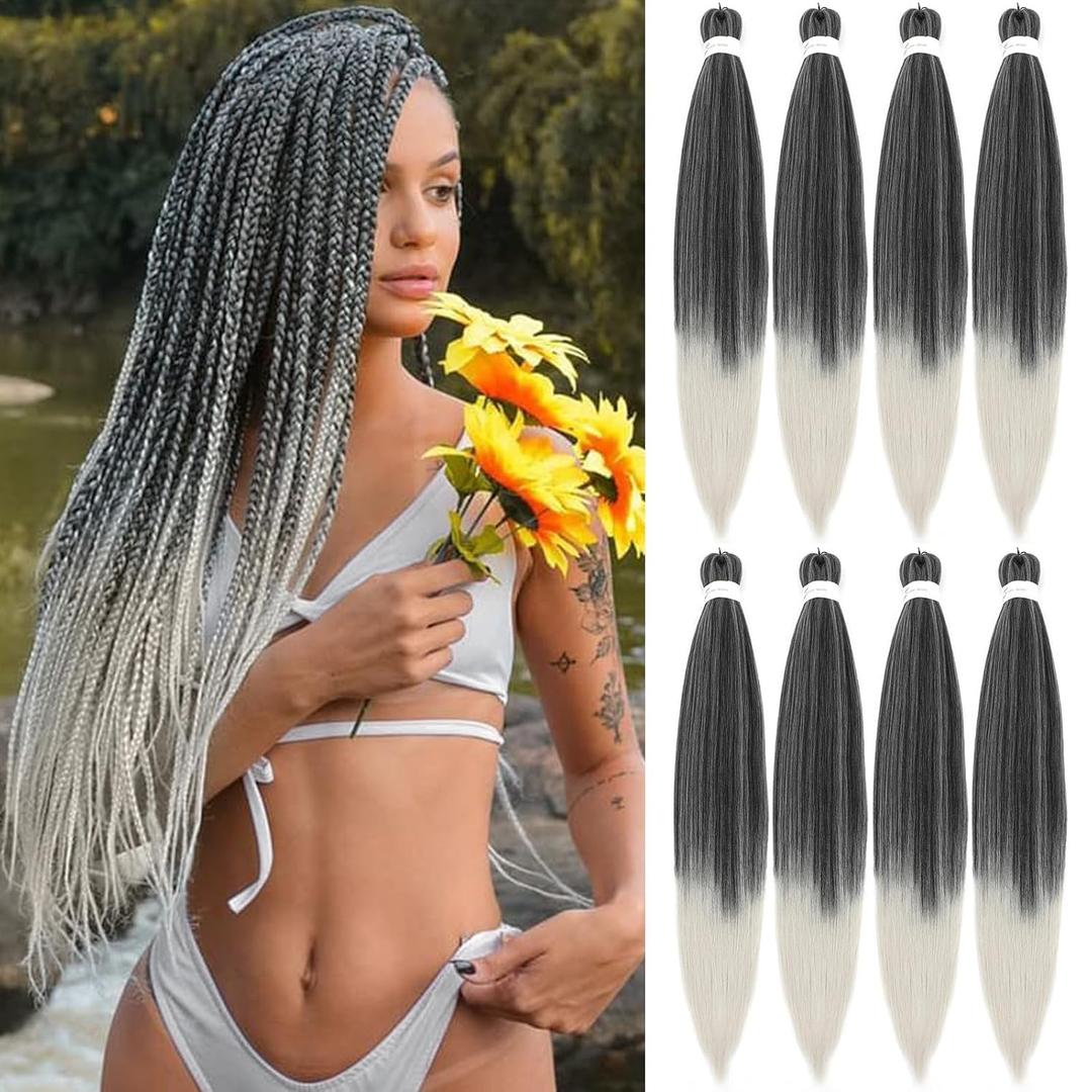 Braiding Hair Pre Stretched 22 Inch 8 Pack Braiding Hair Extensions Itch Free Soft Yaki Texture Hot Water Setting Synthetic Crochet Braids Hair For Women Girls (22Inch,1B/Sliver)