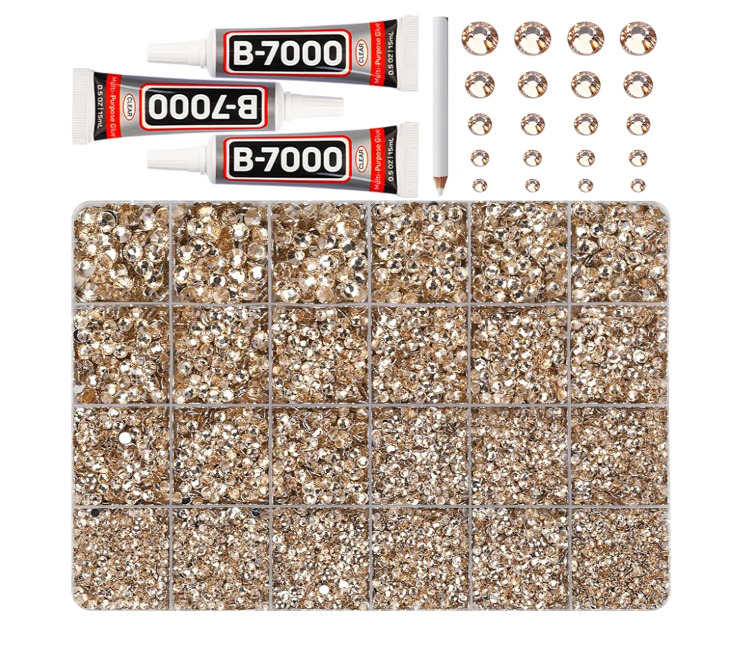 32000Pcs Champagne Rhinestones for Bedazzling, Resin 2,3,4,5,6mm Mix Sizes Flatback Bedazzle Tan Gems Diamonds Gemstones Jewels Stones Crystals with B7000 Glue for Crafting Crafts Clothes