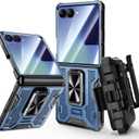 VEGO for Samsung Flip 7 Case with Belt Clip Holster, Hinge Protection Case with 360 Ring Kickstand & Camera Screen Protector Heavy Duty Protective Armor Cover for Galaxy Z Flip 7 - Blue