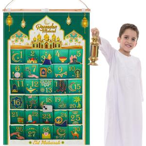 HOWAF 30 Ramadan Calendars for Filling Fabric(Countdown to Eid), Ramadan Kareem Advent Calendar for Hanging Wall Door, DIY Ramadan Calendar DIY Crafts, Ramadan Calendar Bags Reusable, Green Gold