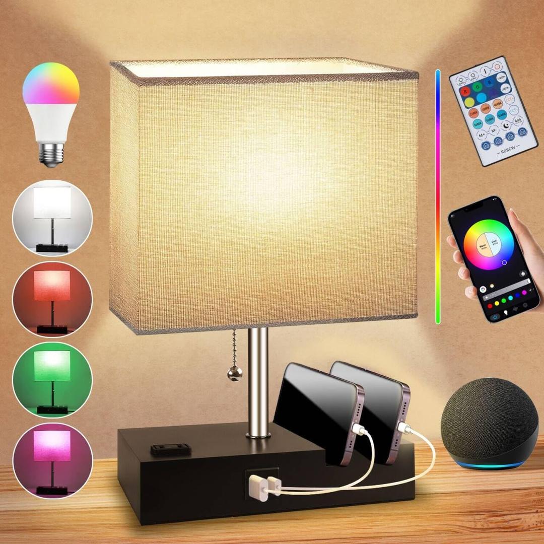 Smart RGB Dimmable Table Lamp Work with Alexa&APP&Remote Control, Bedside Desk Lamp with Charging Ports&Outlet&Phone Stand, Music Sync Nightstand Lamp for Bedroom Living Room Office Dorm
